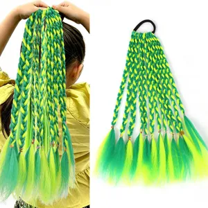Kleurrijke synthetische gevlochten paardenstaart pruik, 12 elastische haarlokken voor Halloween.
