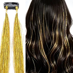 60cm clip-in hair tinsel shiny metallic glitter hair extensions for women party cosplay.