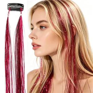 60cm clip-on glitter hair extensions synthetic tinsel shiny colored hair pieces for cosplay