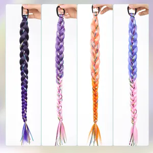 Synthetic Braided Ponytail Extension Long Gradient Hair Braid With Colorful Ribbon Metallic Tinsel Hair Tie For Women