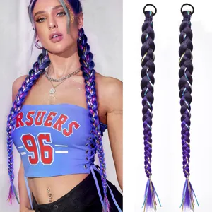 Synthetic hair extensions with colorful tinsel braided ponytail 55cm long hair piece