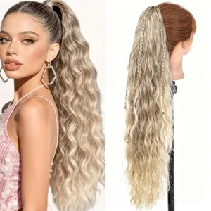 Long wavy ponytail hair extension for women, 26 inch synthetic claw clip curly hair piece.