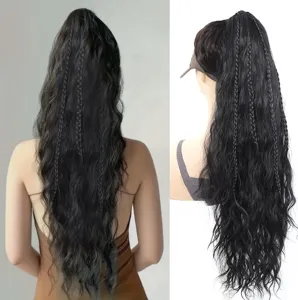 Long wavy synthetic ponytail extension with small braids, detail view of back and cap.