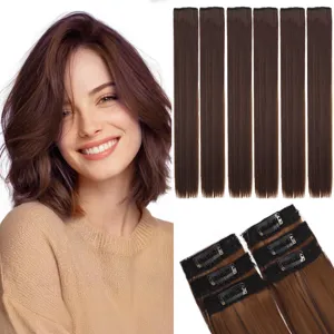 Vista detallada de extensiones de cabello liso sintético con pinzas y mechones suaves.