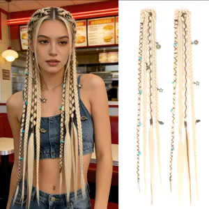 Bohemian ξανθές πλεγμένες extensions μαλλιών με αστεράκια και χάντρες για γυναίκες.
