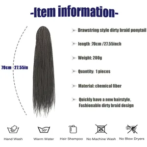 Drawstring synthetic dreadlock ponytail wig, 70cm length, 200g weight, fashionable braided hair.