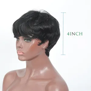 Details of this short black synthetic wig showing layered texture, 4 inch length and natural look.