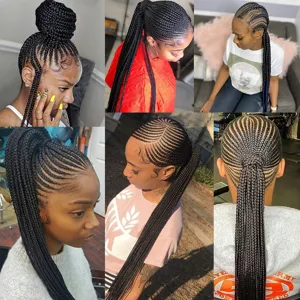 African braided drawstring ponytail wig for women, long black synthetic hair extension.
