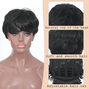 Short layered synthetic wig for women, natural top, soft hair and adjustable net cap.