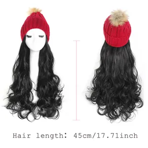 Women winter knitted hat with long wavy synthetic wig 45cm pompom beanie hair piece