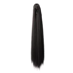 Detailed view of black long straight hair ponytail extension with secure claw clip.