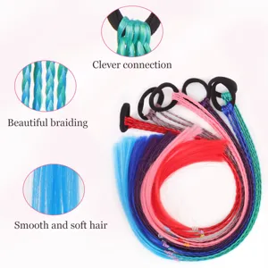 Detailed view of colorful synthetic hair extensions braids with elastic rubber bands for kids.