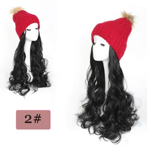 Detail view of the 45cm black wavy synthetic wig with red pom-pom knitted winter hat 2#