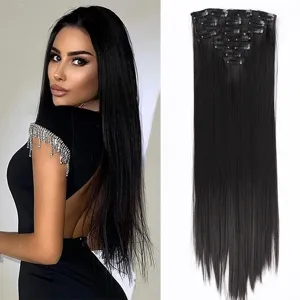 7 piezas extensiones de pelo de clip sintetico largo liso negro 22 pulgadas top