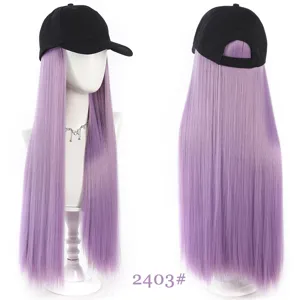 Synthetic hat wig long straight purple hair with black baseball cap fashion accessory