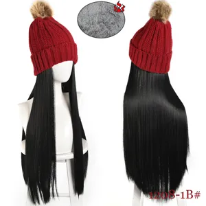 Detail view of the winter warm knit hat with long straight black wig and soft fleece lining.