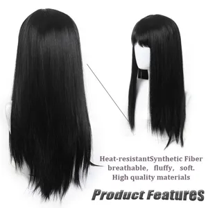 Black long straight wig with bangs synthetic heat-resistant cosplay wig 60cm hair piece