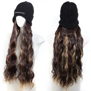 Long curly wig hat synthetic hair knit beanie with highlights wave detachable style for women daily wear