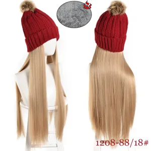 Winter warm knitted hat with long straight blonde wig 55cm, plush lined fleece beanie cap.