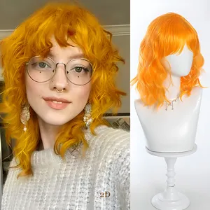 Short orange wavy bob synthetic wig with bangs for women, natural looking daily wear hair.