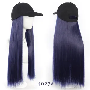 Black baseball cap with long straight blue synthetic hair wig for women, fashion hair extension.