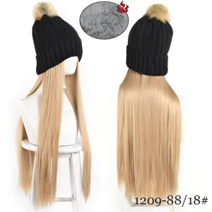 Long straight hair knitted beanie wig with plush lining, warm winter pom-pom hat detail view.
