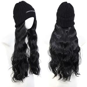 Detailed view of the black knitted beanie integrated with long wavy synthetic wig on mannequin.
