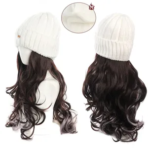 Knit beanie with long curly wavy wig hair piece, warm autumn winter fashion hair extension hat.