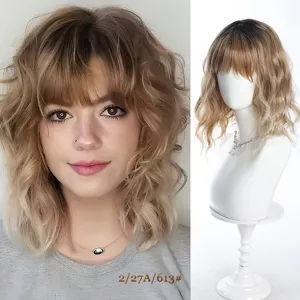 Synthetic short wavy wig with bangs, natural parting gradient ombre bob hair for women