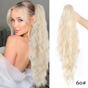 Détail d'extension de queue de cheval ondulée synthétique, perruque griffe blonde 66cm.