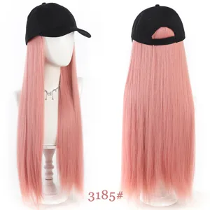 Detail view of synthetic long straight pink hair attached to a black adjustable cap.