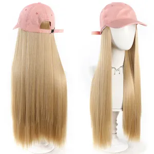 Pink baseball cap with long straight blonde synthetic hair wig for women daily wear