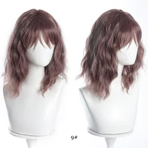 Detail view of short wavy bob wig with bangs and gradient color, featuring natural parting.