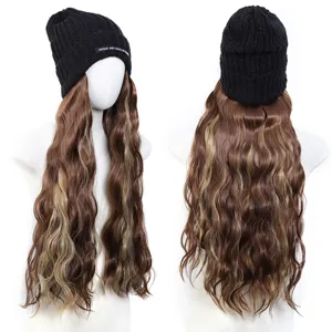 Synthetic long wavy hair wig with black knitted beanie, front and back view details.