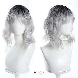 Short wavy ombre bob synthetic wig detail view showing natural parting and bangs texture clearly.