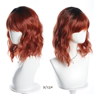 Ombre short wavy bob synthetic wig with bangs for women natural looking daily wear 35cm