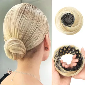 Synthetic blonde hair bun extension with retractable bird nest claw clip for easy styling detail