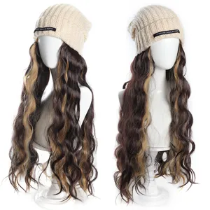 Long Curly Hair Wig With Knitted Beanie Hat Integrated Synthetic Fiber Water Wave Hair Extensions With Highlights For Women