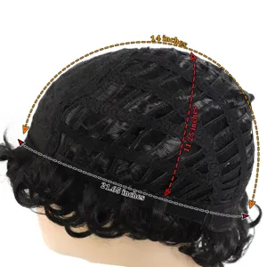 Detailed view of the black short curly synthetic wig cap showing interior net and measurements.