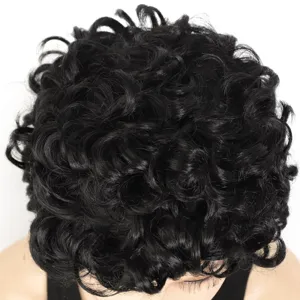 Detailed top view of black short curly synthetic wig, showing rich texture and fluffy volume.