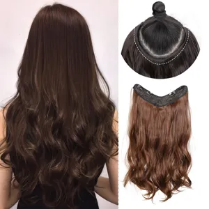Synthetisch golvend haar extensie lang bruin clip-in haarstukje met detail weergave