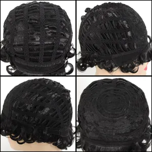 Black short curly synthetic wig inner cap detail, breathable mesh with adjustable straps.