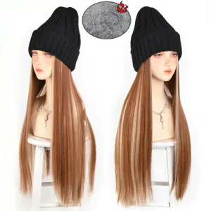 Long straight hair wig knit beanie winter warm fleece lined fashion headwear black brown