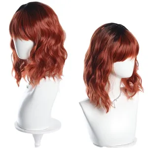 Ombre short wavy bob wig with bangs synthetic layered hair for women daily party wear 35cm