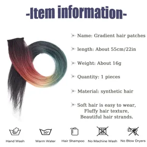 Gradient clip-in hair extension detail, 55cm long synthetic rainbow highlight piece for women.