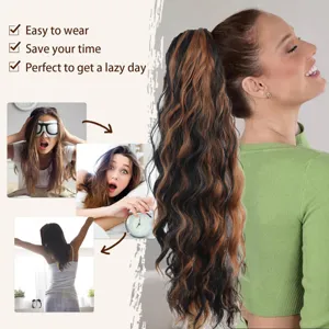 Extension Queue de Cheval Pince à Griffes Ondulée Synthétique Cheveux Bouclés Longue Pièce de Cheveux Ombré Brun Blond