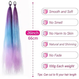 Detail view of 26 inch purple blue gradient synthetic hair extension braid ponytail.