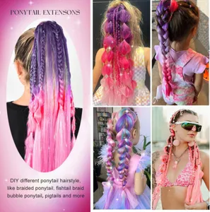 Women Festival Shimmery Tinsel Ponytail Extension Synthetic High Temperature Fiber Hair Braids Long Gradient Color Hairpiece
