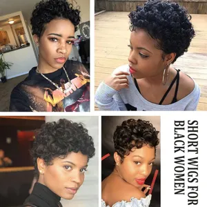 Short curly wig for black women, synthetic hair, natural daily style, detailed view.