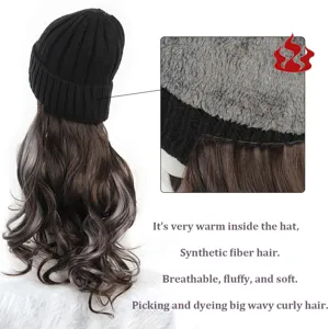 Winter warm knit beanie hat with long wavy synthetic wig, stylish two-in-one design for women.